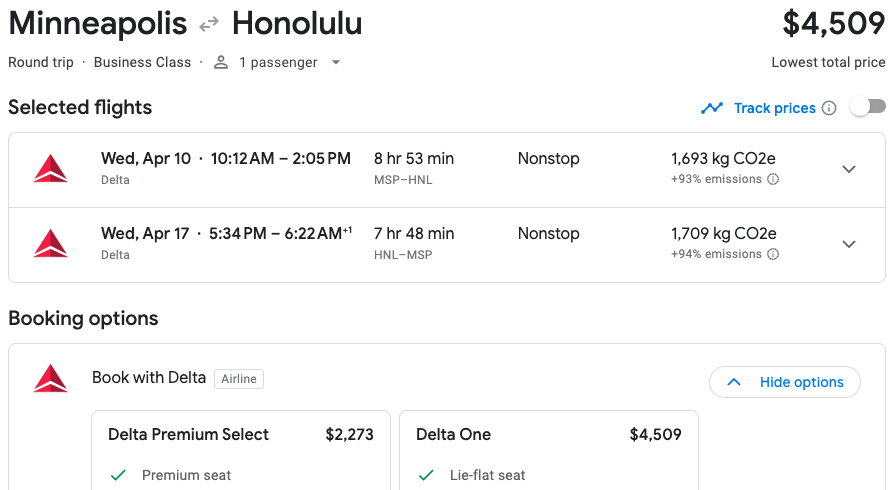 Minneapolis to Honolulu Delta lie-flat cash ticket