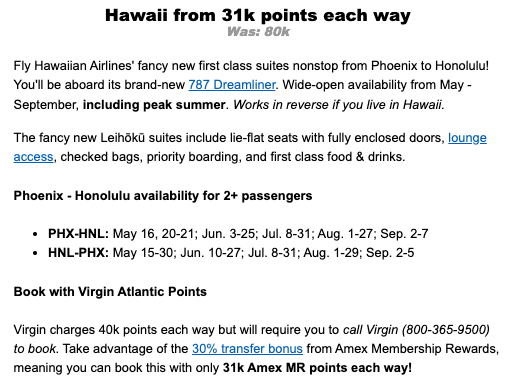 Thrifty Traveler Premium deal lie-flat Phoenix Hawaii