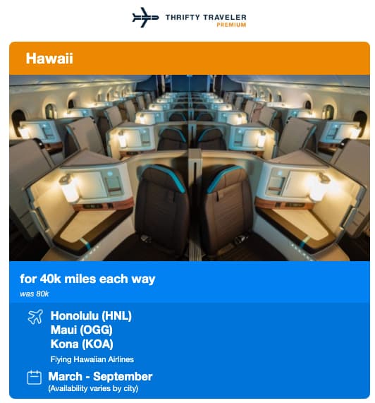 Thrifty Traveler Premium deal from California to Hawaii in lie-flat seats