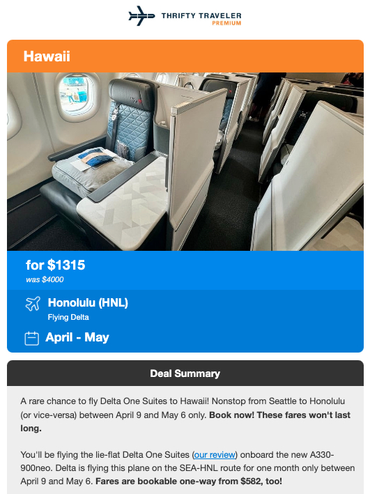 Thrifty Traveler Premium deal for Delta One lie-flat seats to Hawaii