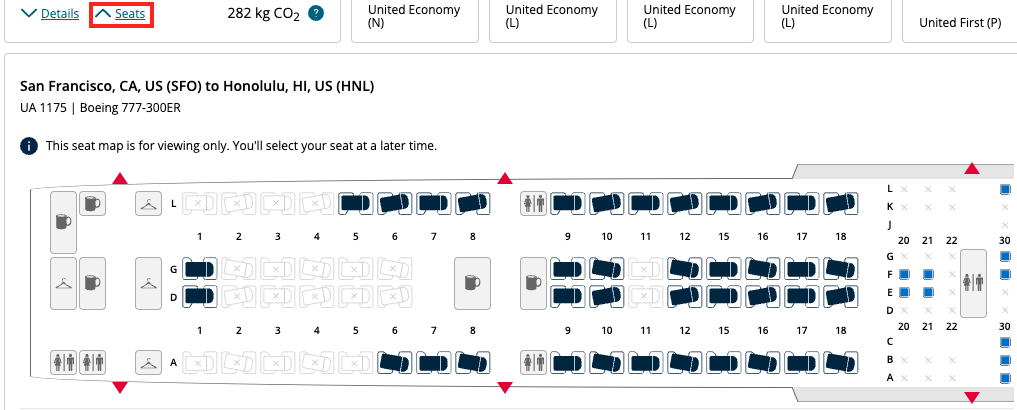 United seat map for lie-flat seats to Hawaii