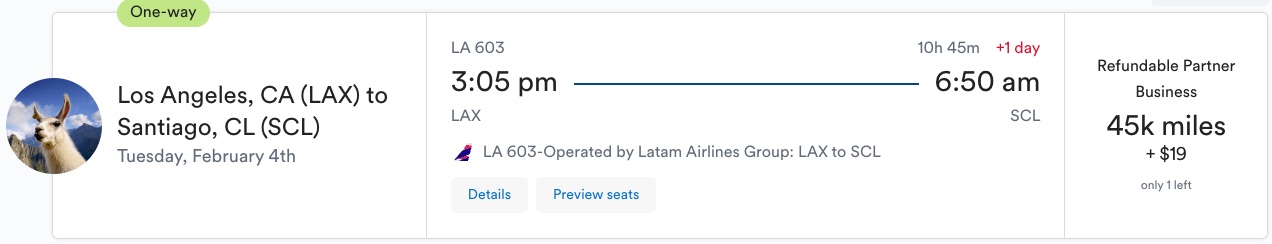LATAM business class award from Los Angeles (LAX) to Santiago (SCL) for 45,000 miles