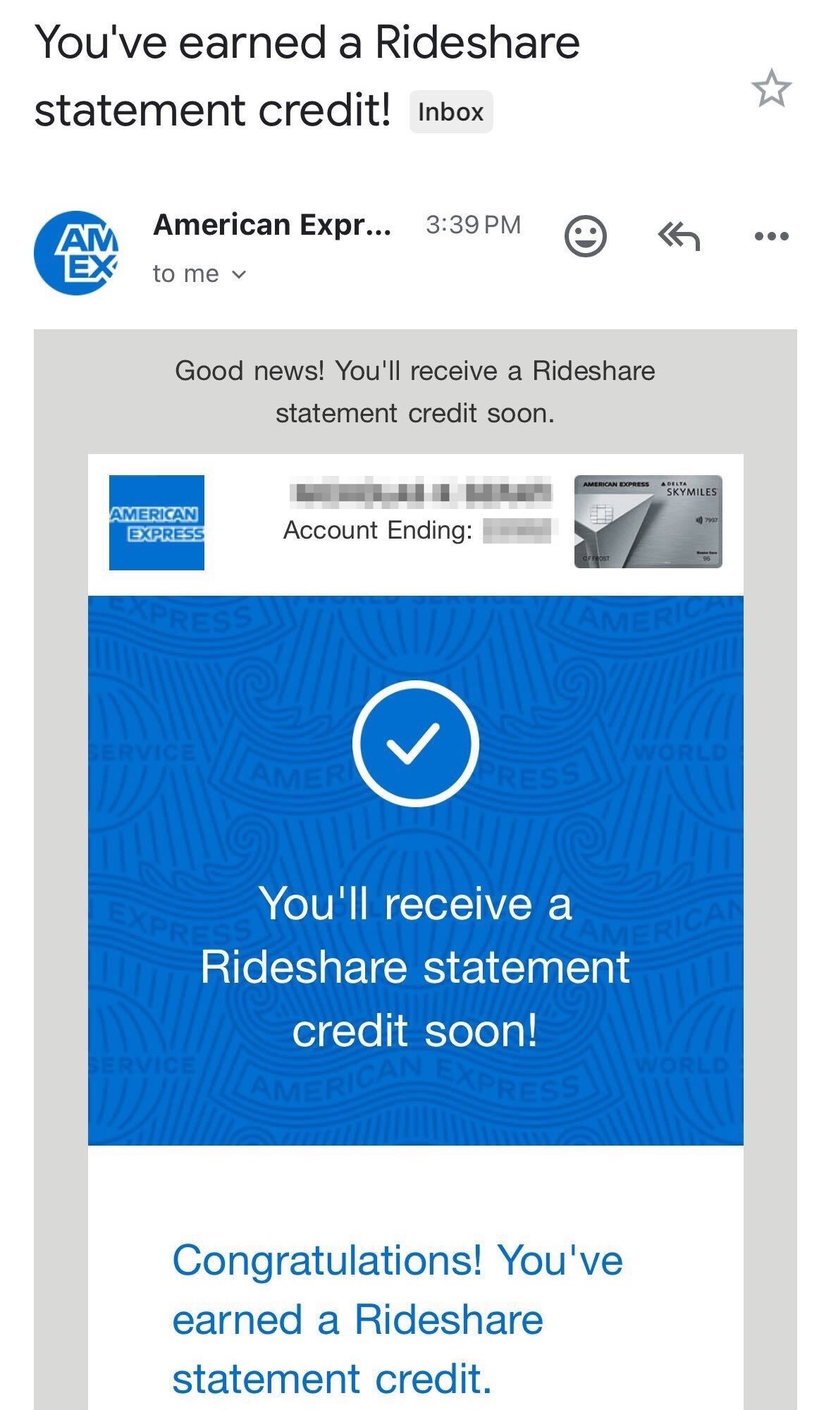 Amex Rideshare Credit email confirmation