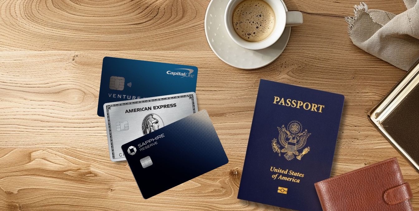Chase Sapphire Reserve, Amex Platinum, and Capital One Venture X Cards on a table with a cup of coffee and a passport