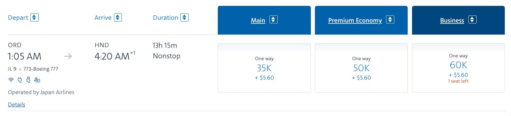 chicago to tokyo for 60,000 miles