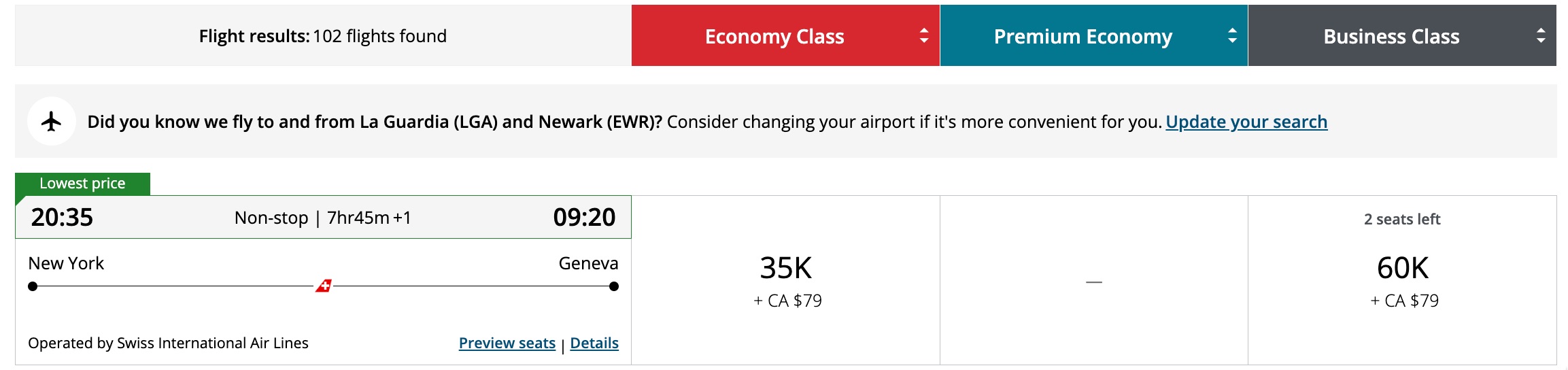 jfk to geneva booked via aeroplan for 60,000 points