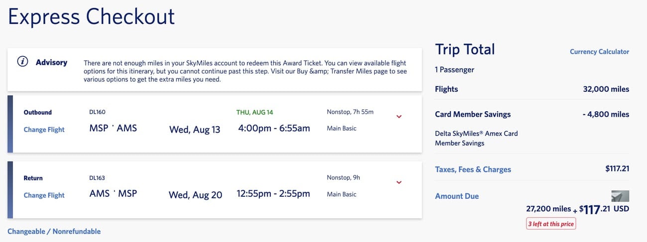 delta skymiles deal msp to amsterdam 27,200 miles
