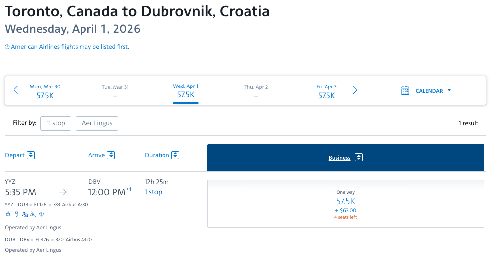 How to Find & Book the Best American AAdvantage Miles Deals 36 Toronto to Dubrovnik on Aer Lingus via AA miles