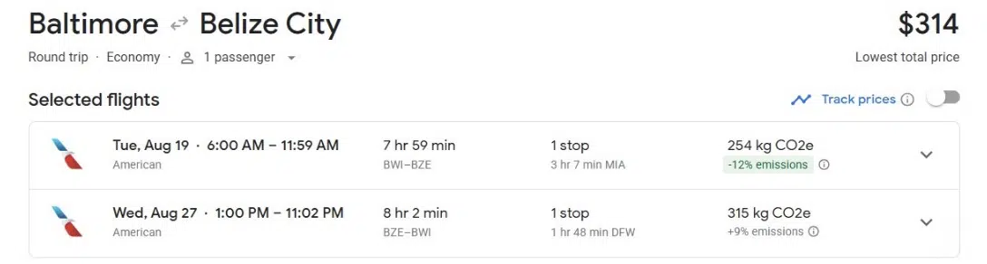 Belize fare from BWI for $314