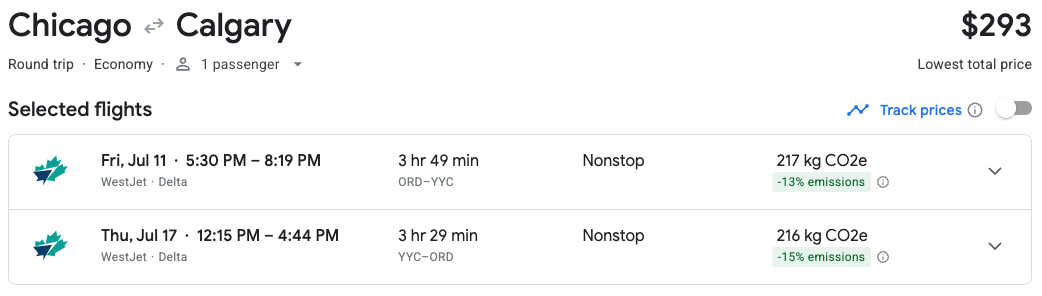 Chicago (ORD) to Calgary (YYC) Google Flights booking in July 2025 for $293 roundtrip.