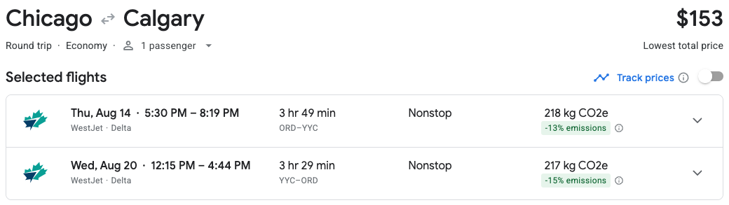 Chicago (ORD) to Calgary (YYC) Google Flights booking in August 2025 for $293 roundtrip.