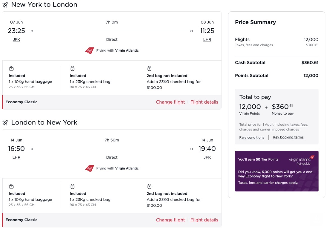 Virgin booking to Europe form 12,000 points