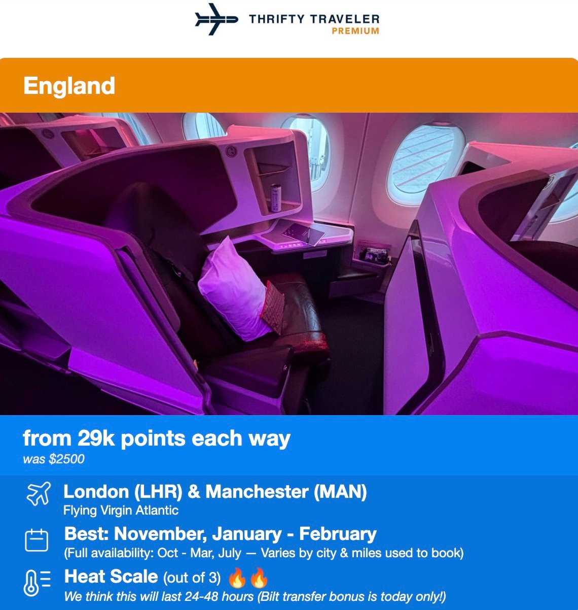 Virgin Atlantic business class flight deal alert from 29,000 points