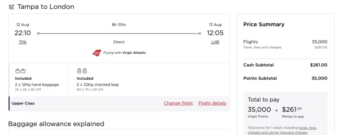 Virgin business class for 35,000 points. 