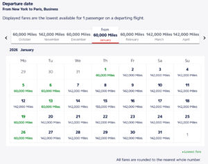 Air France flexible fare calendar