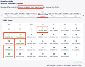 flying blue award calendar for 2 passengers