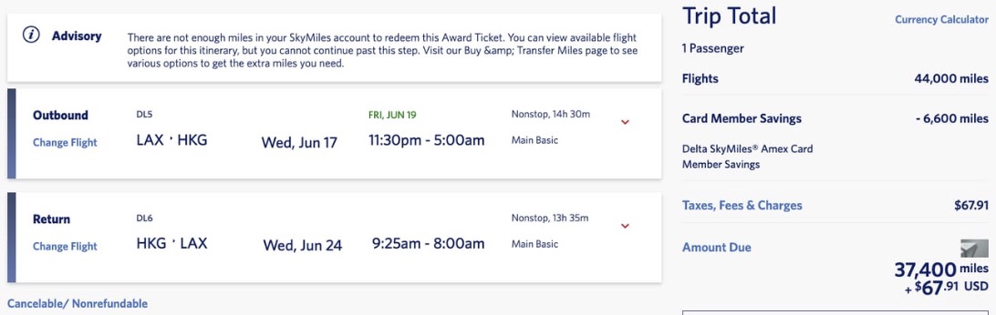 Hong Kong SkyMiles fares for 37,000 roundtrip