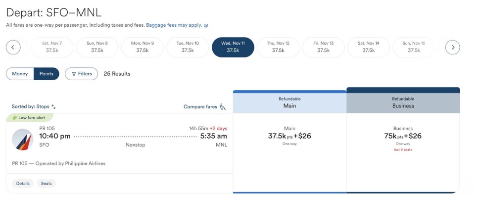Philippine airlines biz class with Alaska miles