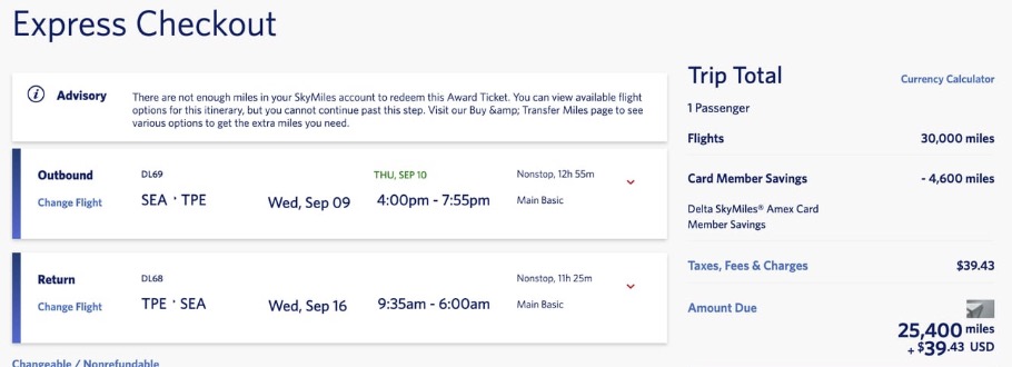 Delta SkyMiles to Taipei