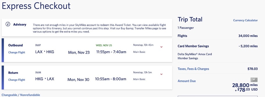 SkyMiles fare to Hong Kong for 29k