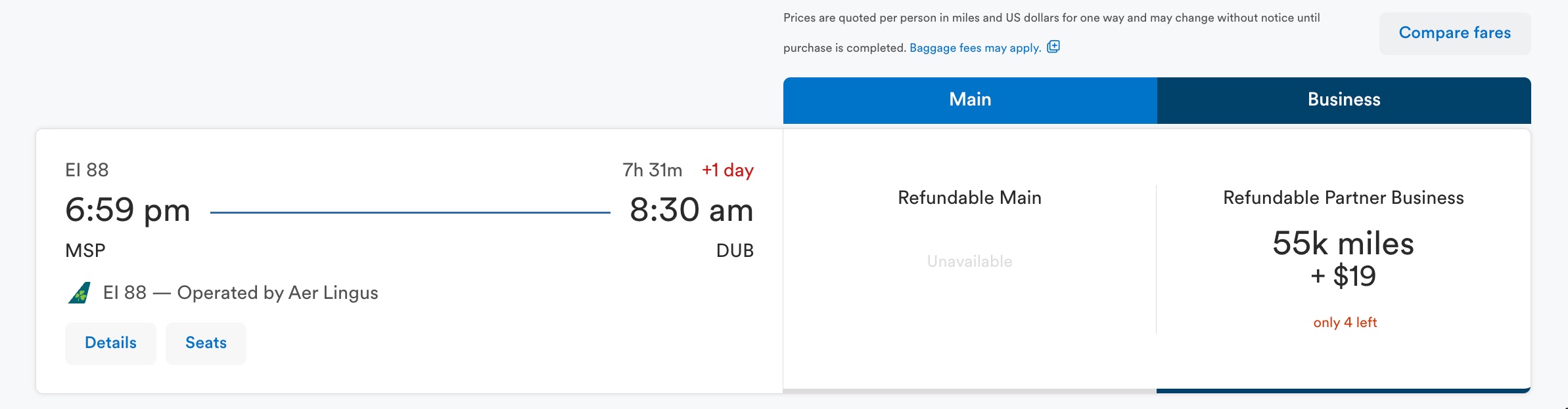 flight from minneapolis to dublin in business class for 55,000 miles