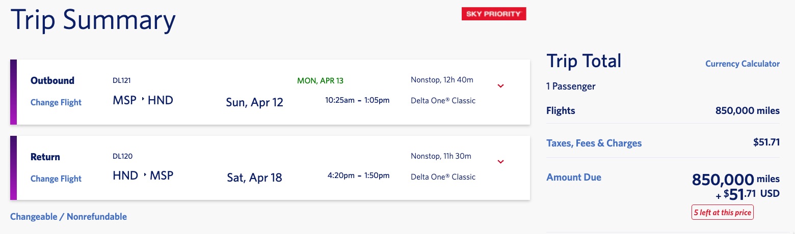 delta one flight from minneapolis to tokyo for 850,000
