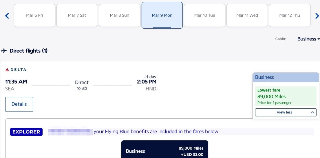 delta flight from seattle to tokyo for 89,000 miles