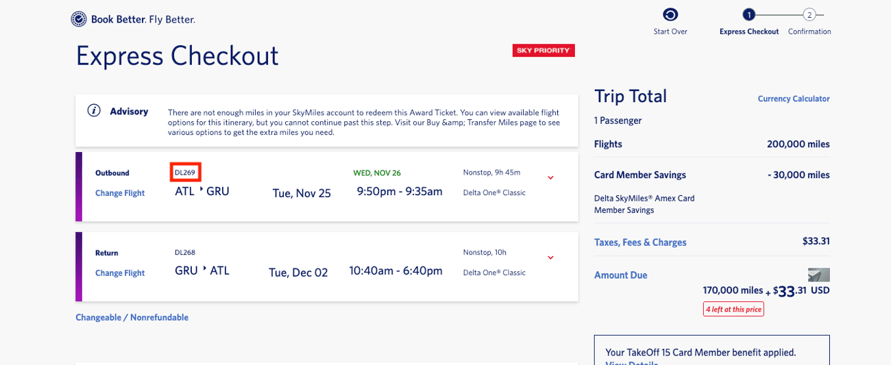 delta one fare from atlanta to sao paulo for 170,000 SkyMiles roundtrip