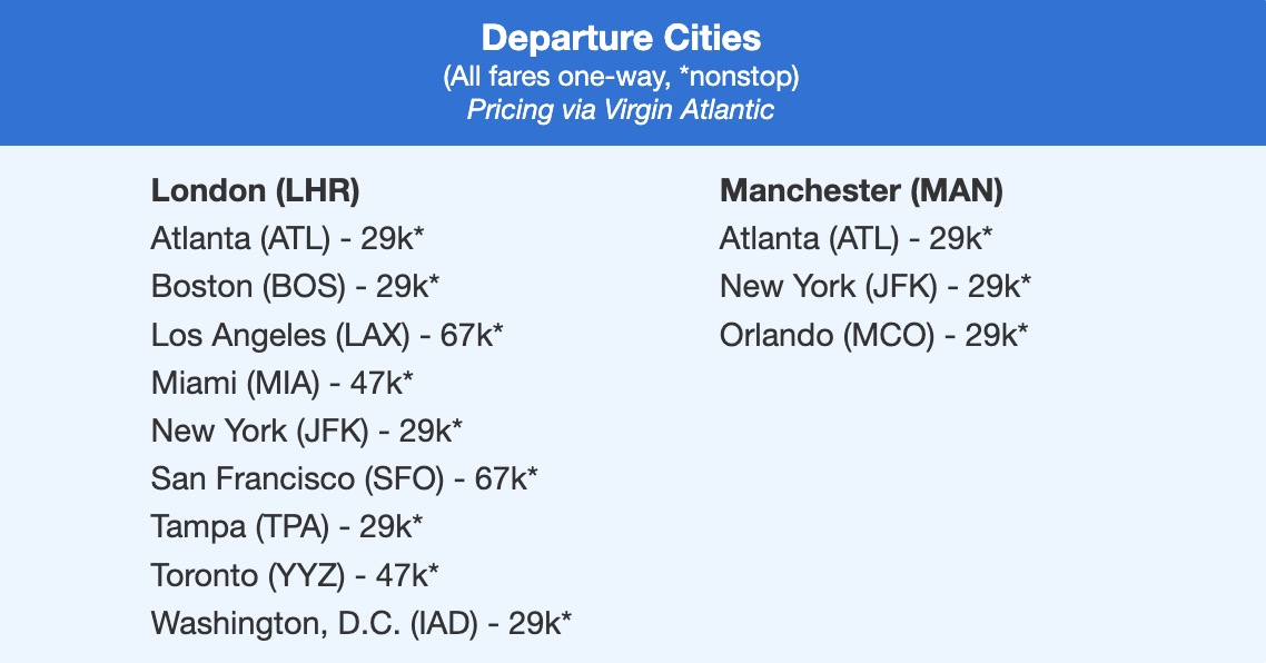 Virgin upper class points and miles fares from several U.S. cities. 