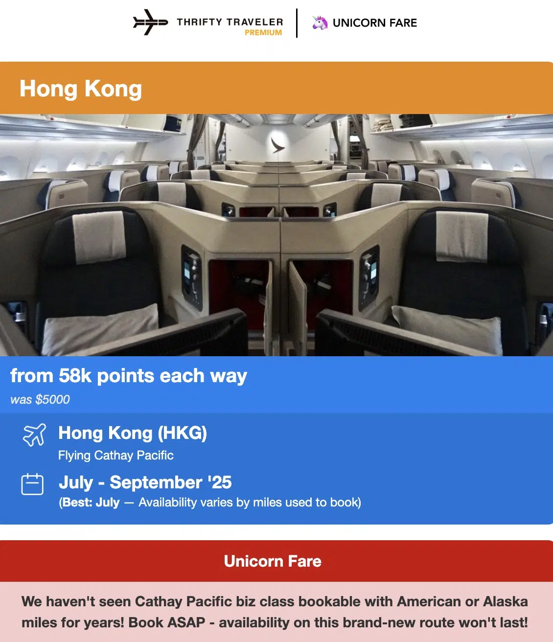 Cathay Pacific business class seats in a unicorn alert flight deal to Hong Kong (HKG)