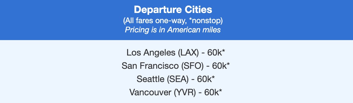 JAL business class fares from 60,000 points each way