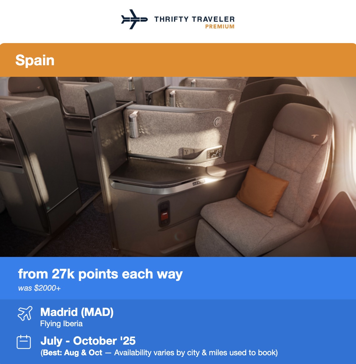 Iberia business class seat in a flight deal alert for 27,000 points each way