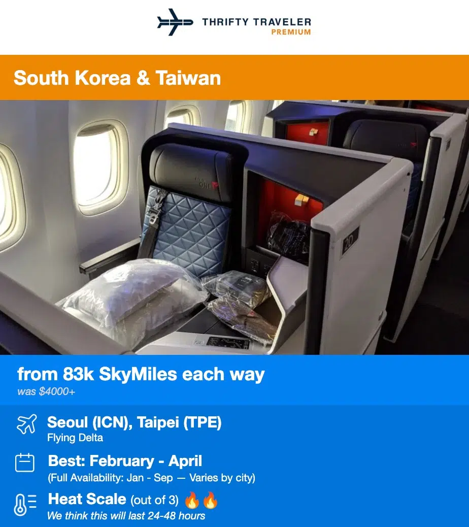 Thrifty Traveler Premium flight deal alert to South Korea and Taiwan from 83,000 SkyMiles each way