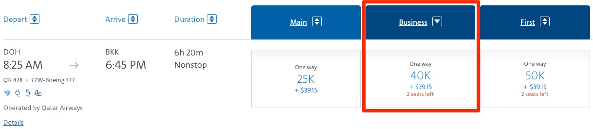 Qatar QSuites from DOH-BKK for 40k AAdvantage miles