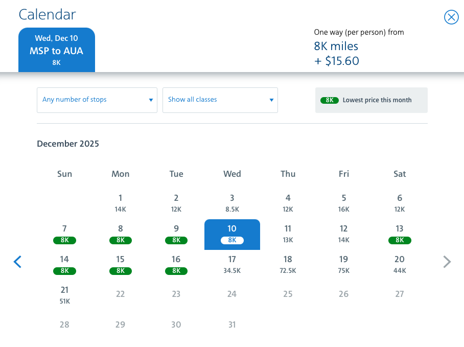 American Airlines price calendar for Minneapolis to Aruba flights using miles