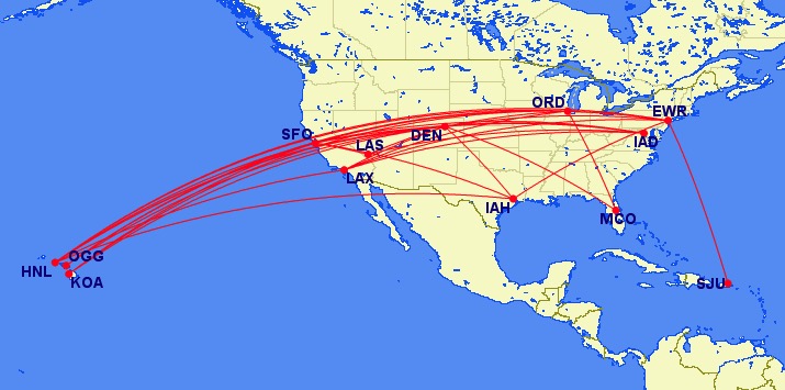 United lie-flat routes in the U.S.