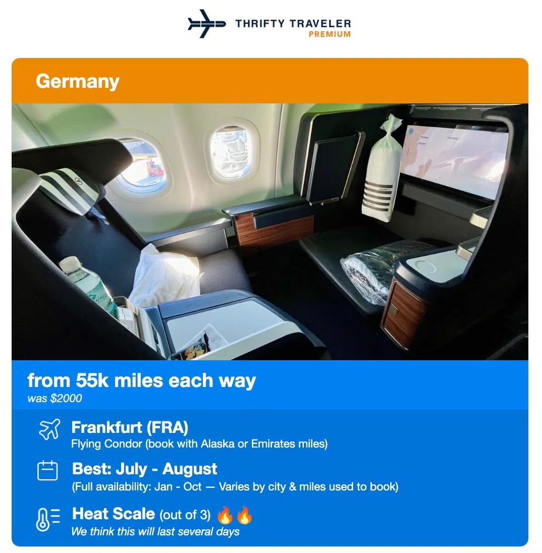 Thrifty Traveler Premium flight deal alert. Germany from 55,000 miles each way flying Condor Business Class 