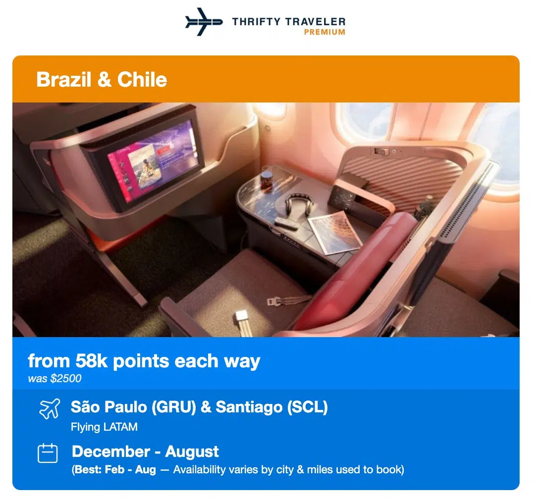 Thrifty Traveler Premium LATAM business class flight deal alert to Brazil and Chile from 58,000 points each way