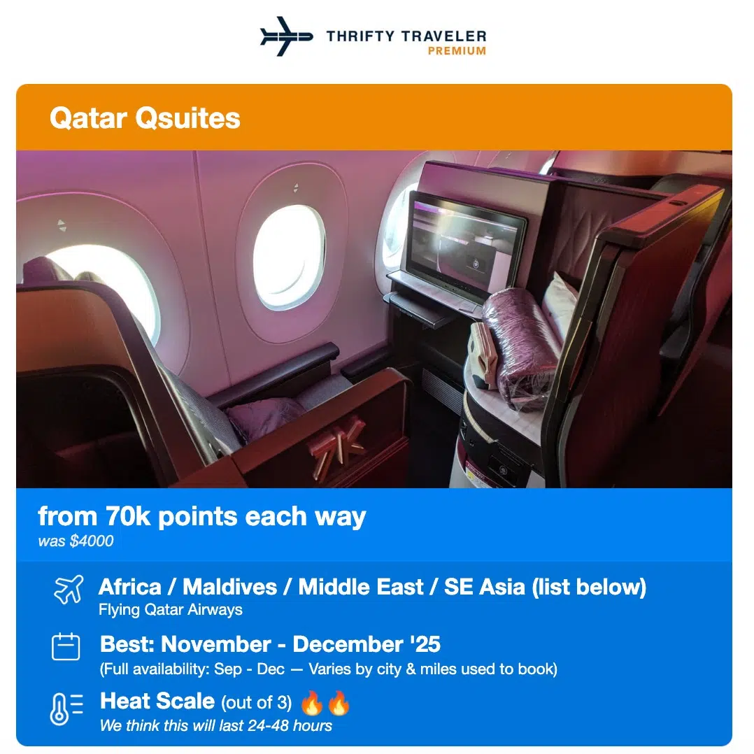 Thrifty Traveler Premium Qatar Qsuites flight deal alert. From 70,000 points each way. Was $4,000. 