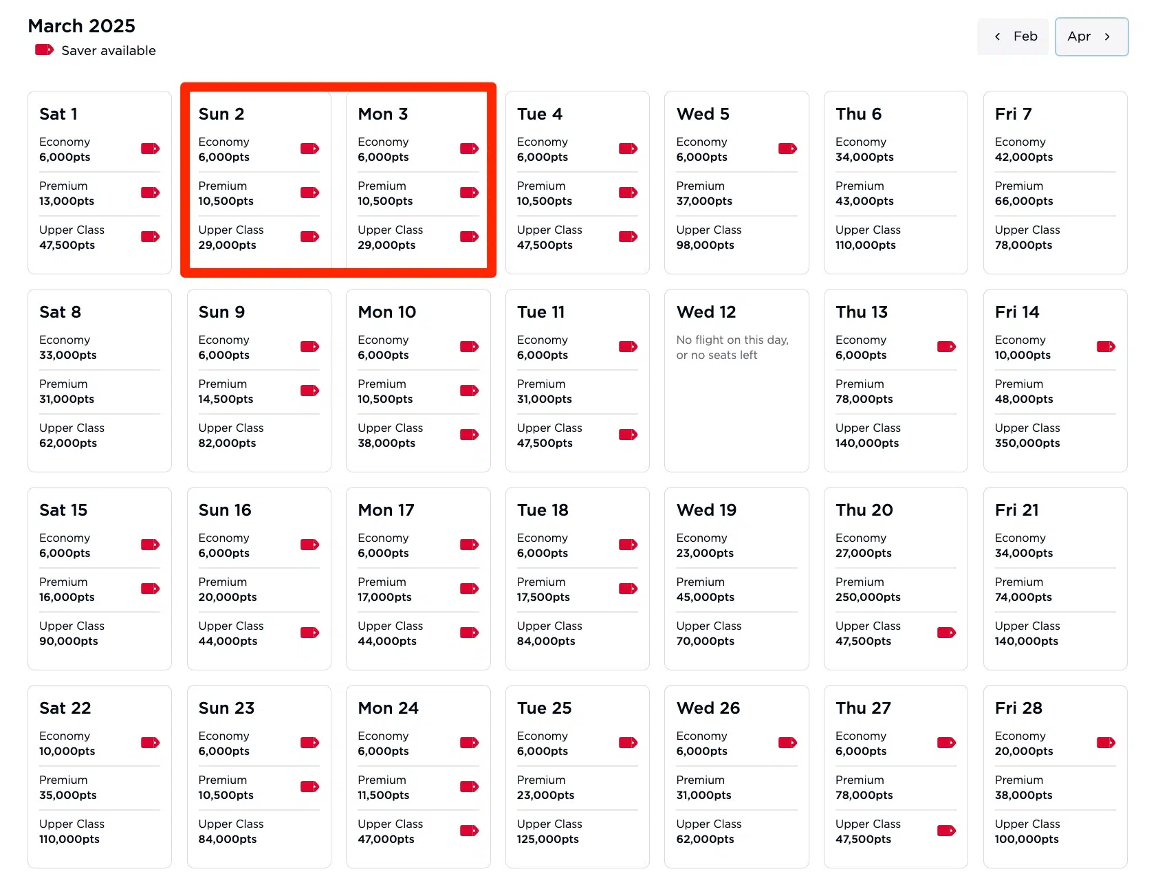 price calendar showing Virgin Atlantic upper class seats available for 29,000 points on two dates in March