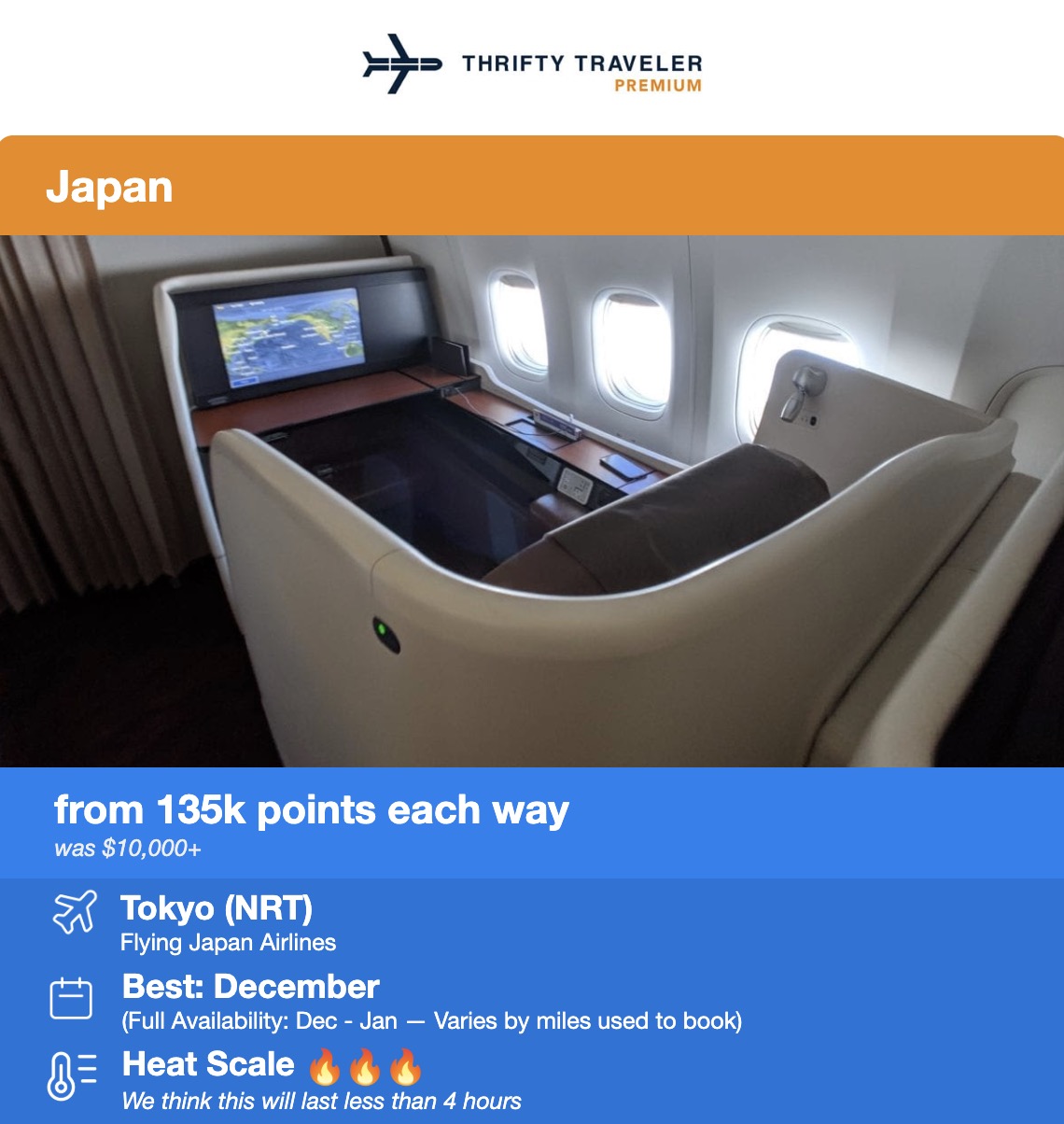 First Class Flights: The Best Deals For the Best Seats on the Plane 29 Japan Airlines FIrst Class flight deal for 135,000 points