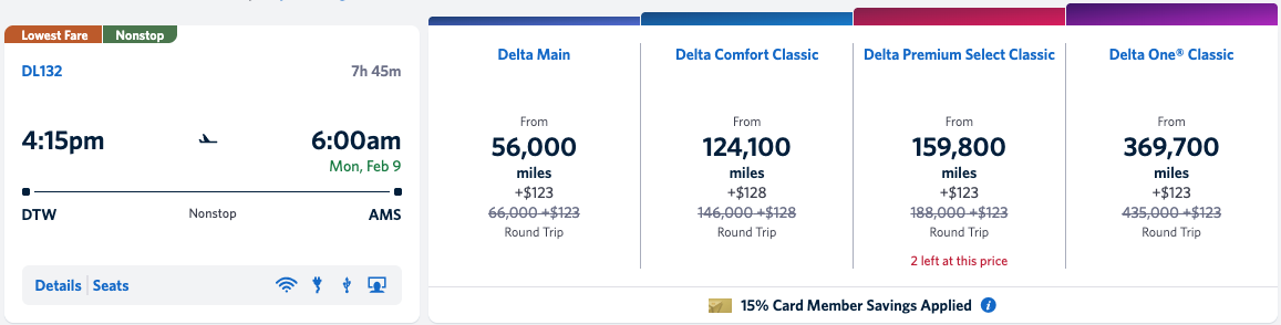 Delta award from DTW-AMS for 56,000 SkyMiles with TakeOff 15 benefit applied. 