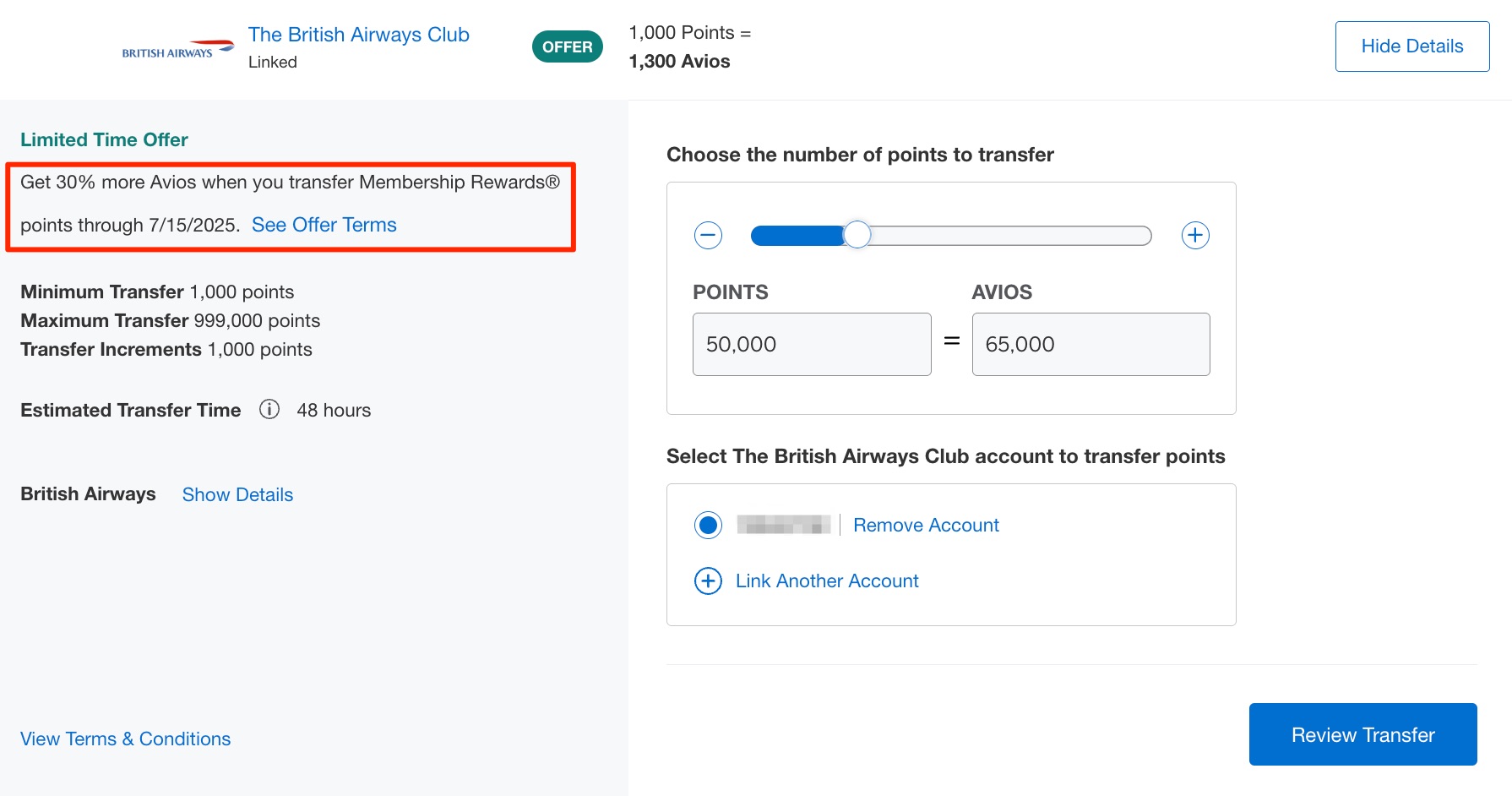amex 30% transfer bonus to british airways showing 50,000 points becoming 65,000 miles