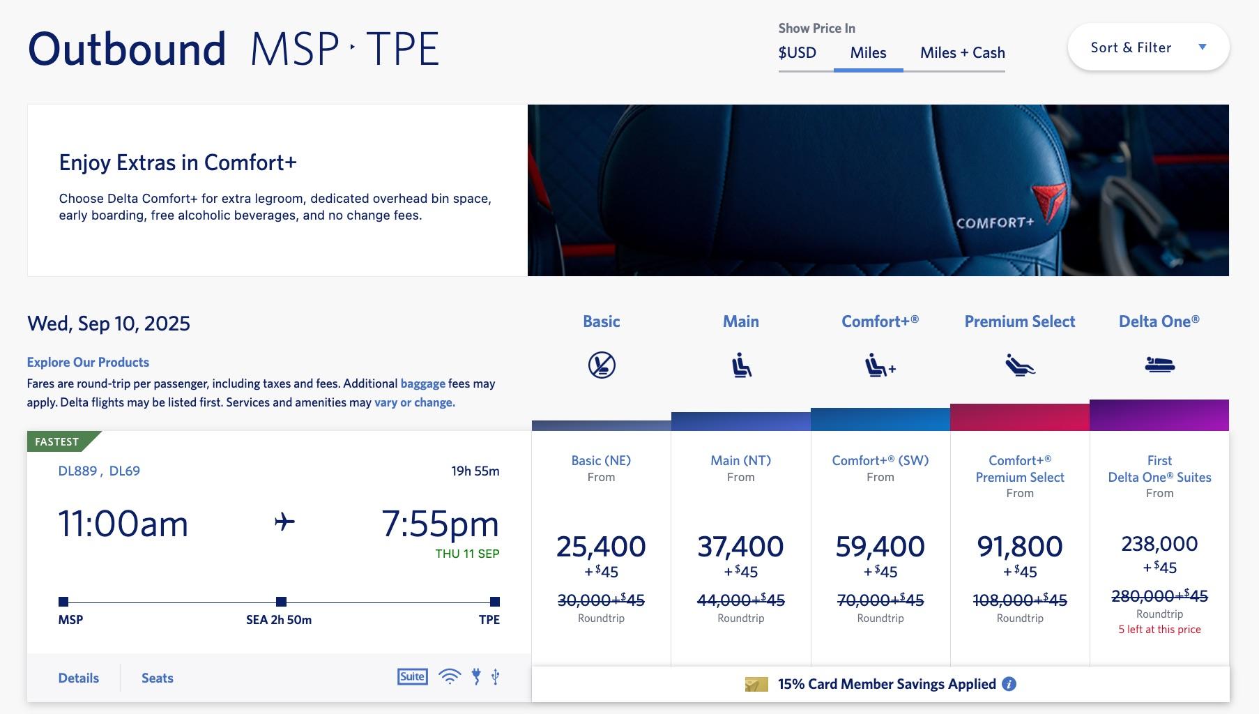 delta skymiles fare choices for msp to taipei