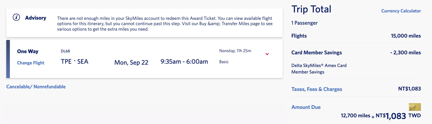 delta skymiles deal from taipei to seattle for 12,700 miles