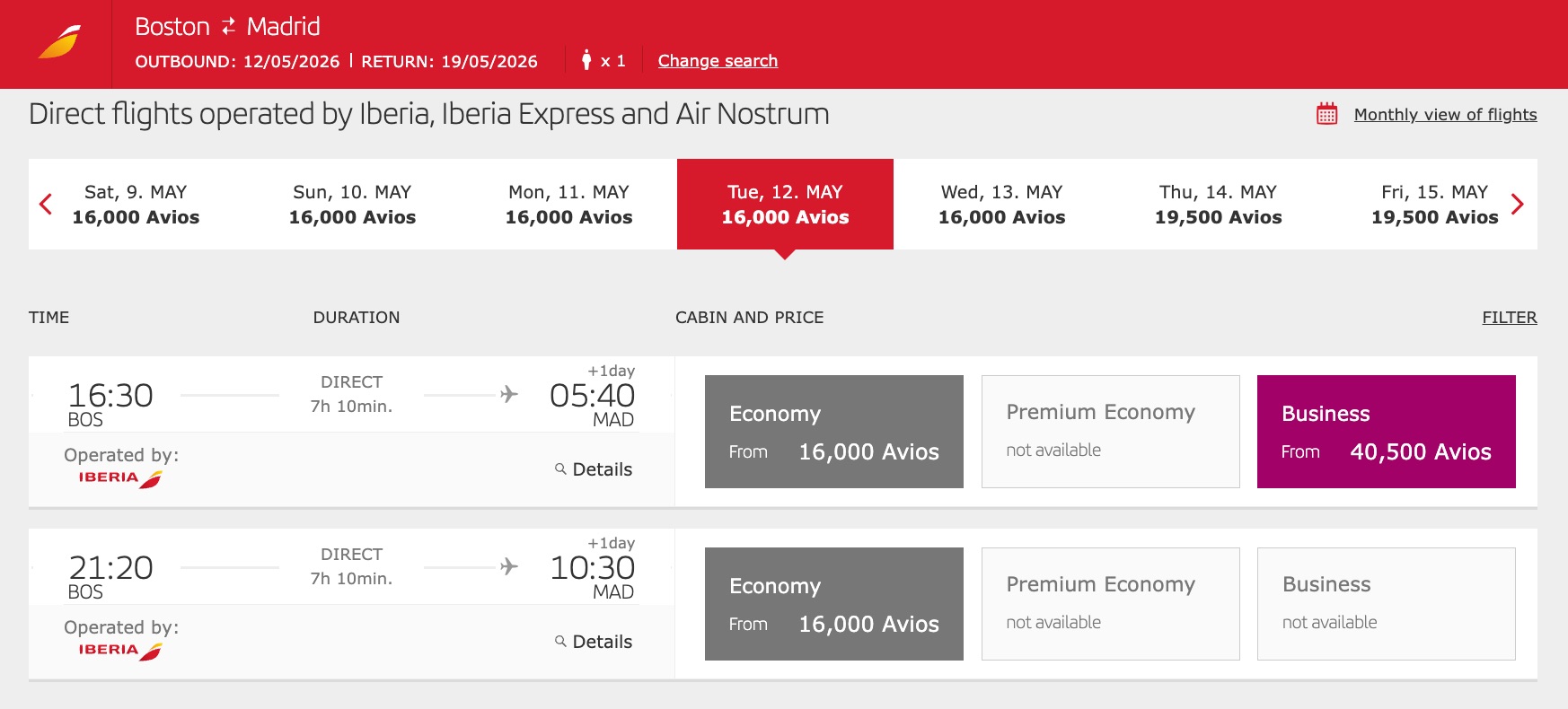 iberia economy for 16,000 miles from boston to madrid