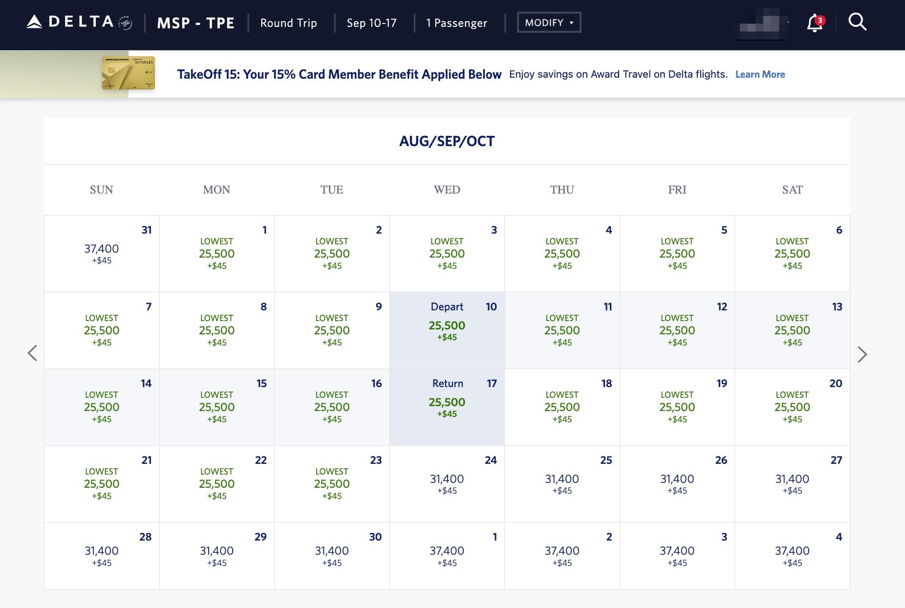 delta skymiles calendar search from minneapolis to taipei showing skymiles rates