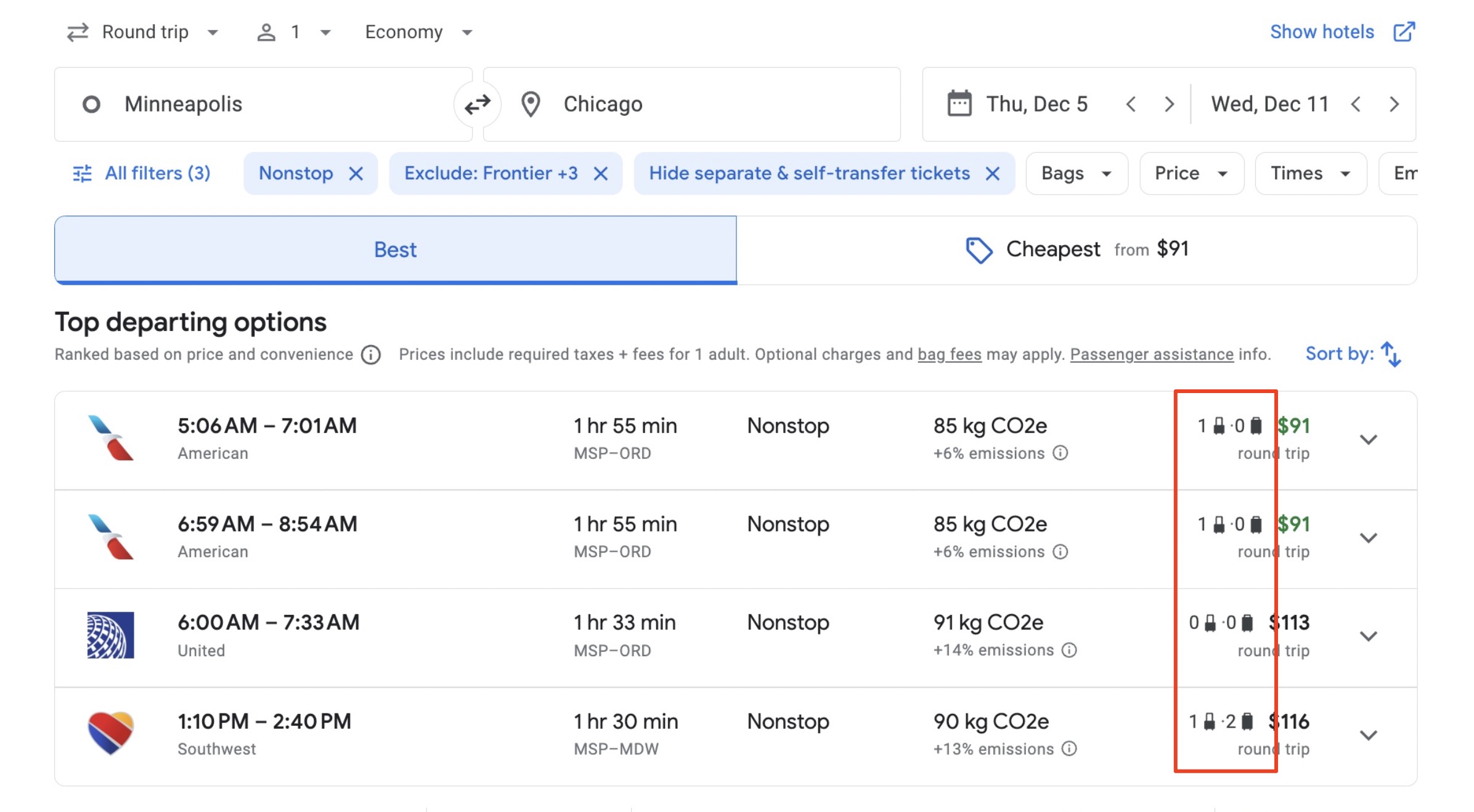 Google Flights baggage allowance