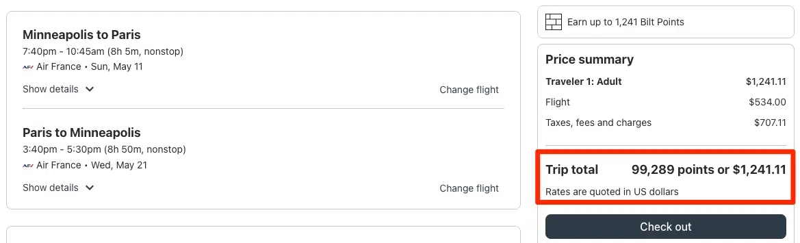 Bilt Travel portal booking flying Air France from MSP-CDG for 99,289 points