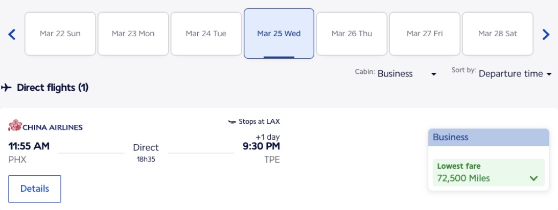 China Airlines business class fare